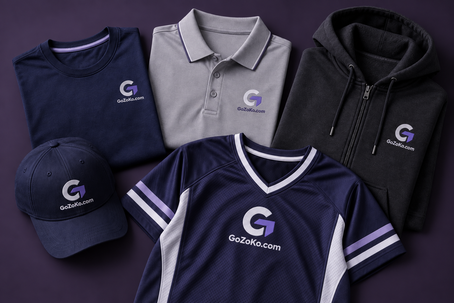 Illustrative collage of a T-shirt, polo, hoodie, cap, and team jersey